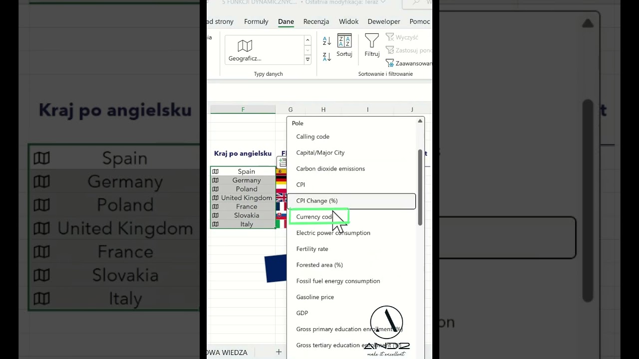 Typ danych geograficznych w Excelu  #excel #szkolenia #and2