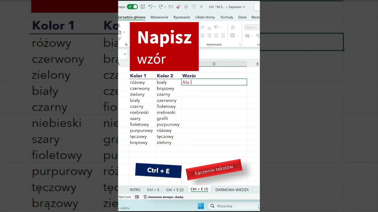 Mega skrót w Excelu Ctrl + E - wyodrębnij lub połącz teksty.